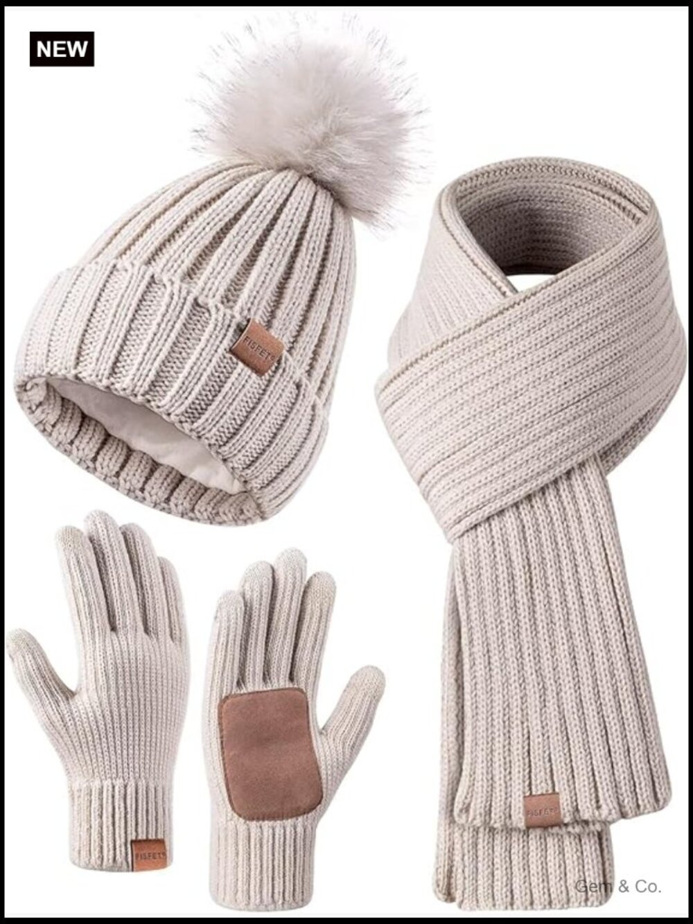 Winter Beanie Scarf Gloves Set, Touchscreen Gloves, Warm Hat with Pom Pom